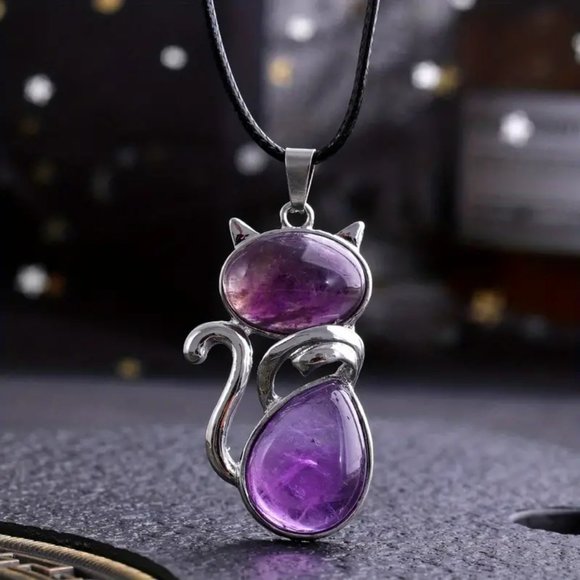 Amethyst Natural Stone Cute Cat Pendant Necklace - Picture 3 of 4